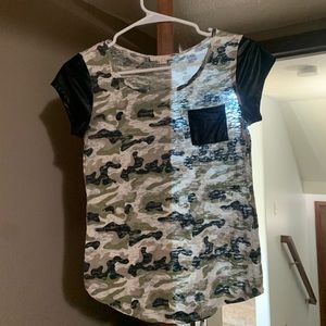 Camouflage Tee with Leather Pocket & Sleeves
